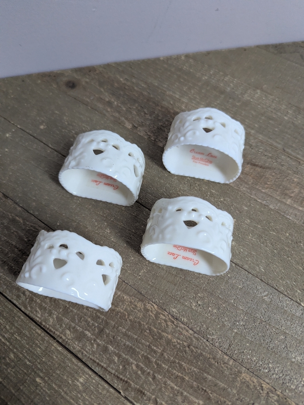 Skye McGhie Cream Lace Porcelain Napkin Rings Set of 4 White Lace Table Decor